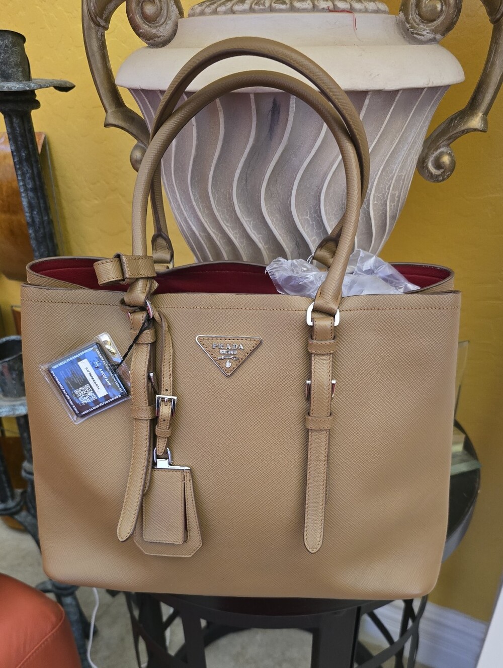 Prada Saffiano Double Meduim Tote with Red Interior.